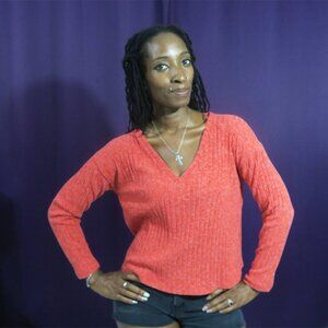 Zara ribbed long sleeved v-neck top in burnt orang